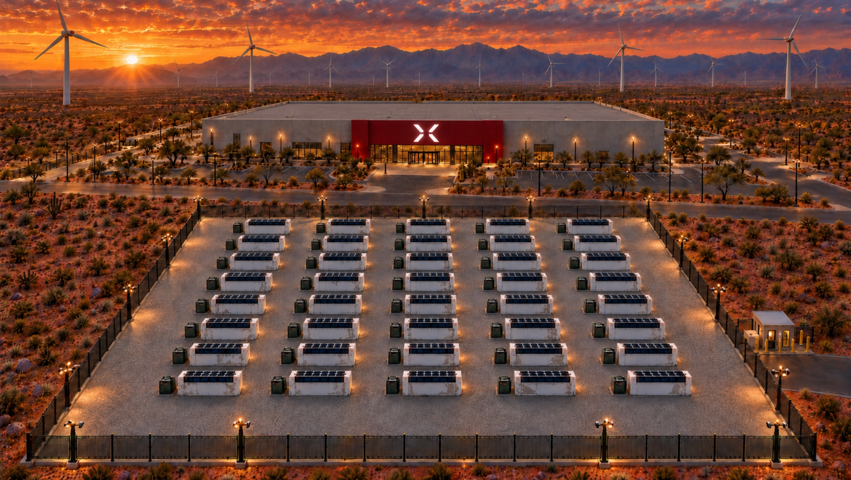 XCON concept campus at sunset, showing the main AI building and separate modular mining yard in a New Mexico desert landscape